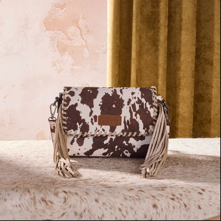 Wrangler Cow Print Fringe Crossbody Bag Wallet & Coin Pouch Wristlet Set-Coffee