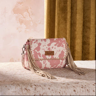 Wrangler Cow Print Fringe Crossbody Bag Wallet & Coin Pouch Wristlet Set- Dark Pink