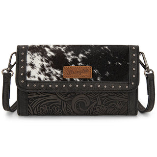 Black Wrangler cowhide tote/crossbody and wallet set with white cowhide, studs, and embossed floral design.