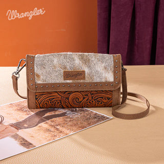 Wrangler brown hair-on cowhide tote/crossbody and wallet set with tooling detail, studs, and a detachable strap.