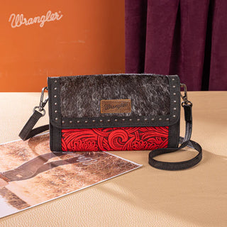 Wrangler red and black hair-on cowhide tote/crossbody and wallet set with silver studs and a red floral pattern.