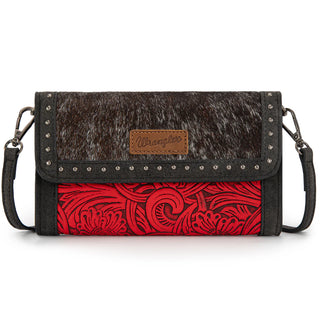 Wrangler red & black hair-on cowhide tote/crossbody & wallet set with floral tooling & studded trim.