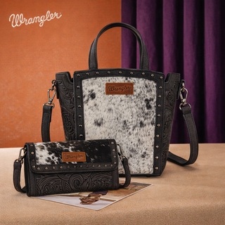 Wrangler Genuine Hair-On Cowhide Tote/Crossbody and Wallet Set - Black