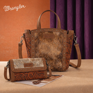 Wrangler Genuine Hair-On Cowhide Tote/Crossbody and Wallet Set - Brown