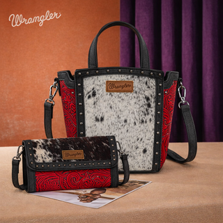 Wrangler Genuine Hair-On Cowhide Tote/Crossbody and Wallet Set - Red and Black