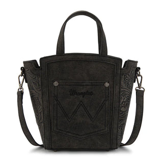 Black Wrangler tote/crossbody bag with embossed floral sides, front pocket, and "Wrangler" logo.