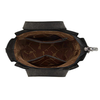 Overhead view of the black Wrangler tote/crossbody bag, showing its open top with a brown patterned lining.