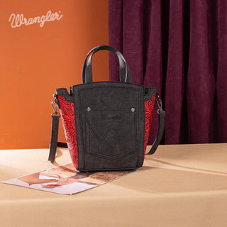 Wrangler red and black hair-on cowhide tote/crossbody bag with embossed floral sides and front pocket.