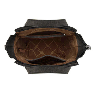 Top-down view of the open Wrangler tote/crossbody bag, revealing its brown patterned lining and interior pockets.