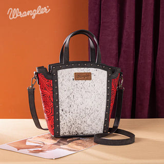 Wrangler red & black hair-on cowhide tote/crossbody with a detachable strap, studded trim, and floral sides.