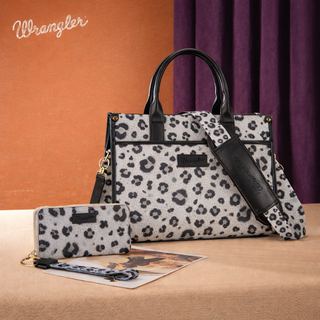 Wrangler Leopard Print Canvas Oversized Tote with Adjustable Strap and Wallet Set- Black