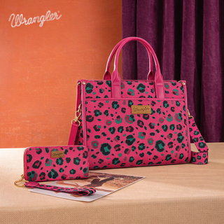 Wrangler Leopard Print Canvas Oversized Tote with Adjustable Strap and Wallet Set- Hot Pink
