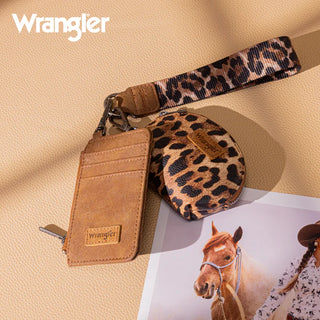 Wrangler Leopard Print Tote/Crossbody and Card Case Set in brown, with a leopard print wristlet and coin purse.