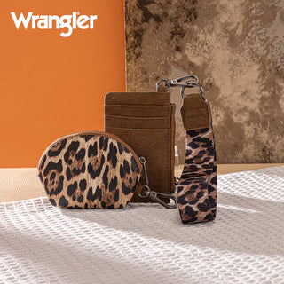 Wrangler brown leopard print small crossbody card case set with a matching coin purse and wristlet.