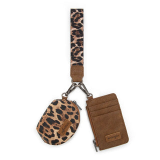 Wrangler leopard print crossbody card case set with a brown card holder and a leopard print coin purse.