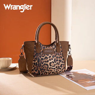 Brown Wrangler crossbody bag with leopard print front panel, top handles, and detachable strap.