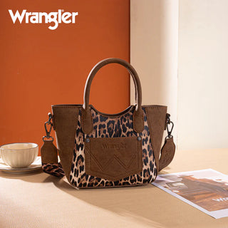 Brown Wrangler leopard print small crossbody card case set with top handle and shoulder strap.