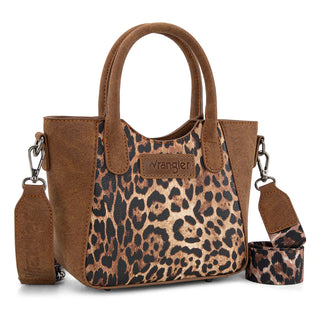 Wrangler brown leopard print small crossbody bag with top handles and a detachable, adjustable strap.