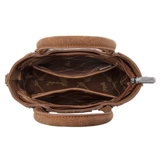 Top-down view of the open brown Wrangler crossbody bag, revealing multiple compartments and the patterned lining.