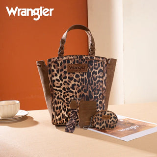 Wrangler Leopard Print Tote/Crossbody and Card Case Set- Brown