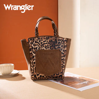 Wrangler Leopard Print Tote/Crossbody and Card Case Set in brown, with a front pocket and braided handles.