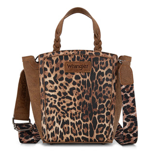 Wrangler leopard print tote/crossbody bag with brown accents and a matching leopard print strap.