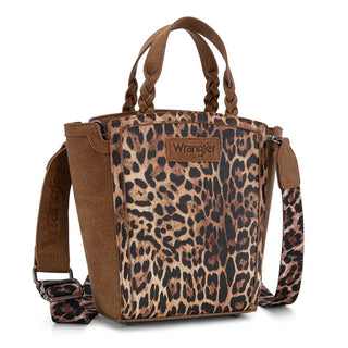 Brown Wrangler tote/crossbody bag with leopard print front panel, braided handles, and a matching leopard strap.