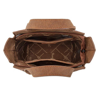 Top-down view of the brown Wrangler tote/crossbody bag, showing its open compartments and patterned lining.