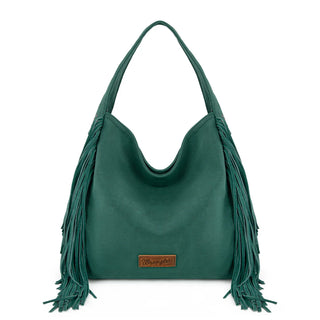 Turquoise Wrangler hobo bag with long fringe on both sides and a brown "Wrangler" patch on the front.