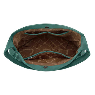 Overhead view of the turquoise Wrangler Studded Fringe Hobo Bag, showing its spacious interior and pockets.
