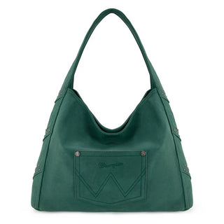 Turquoise Wrangler hobo bag with studded fringe, a front pocket with the Wrangler logo, and a single shoulder strap.