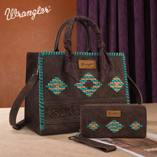 Wrangler Whipstitch Aztec Satchel/Crossbody with Scarf Handle and Wallet Set-Coffee