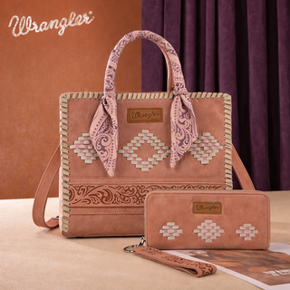 Wrangler Whipstitch Aztec Satchel/Crossbody with Scarf Handle and Wallet Set-Dark Pink