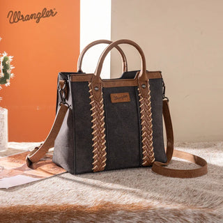 Wrangler Whipstitch Crossbody Bag & Wallet Set: dark gray bag with brown whipstitch details and handles.