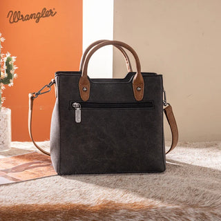 Dark gray Wrangler Whipstitch Crossbody Bag with brown handles and strap, shown from the back with a zipper.