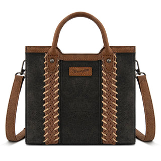 Wrangler Whipstitch Crossbody Bag & Wallet Set in black with brown trim and braided whipstitch details.