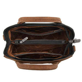 Top-down view of the open Wrangler Whipstitch Crossbody Bag, showing its multiple compartments and brown lining.