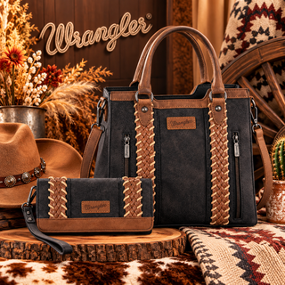 Wrangler Whipstitch Crossbody Bag & Wallet Set in black with brown whipstitch details on a wooden display.