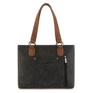 Wrangler Whipstitch Tote Bag & Wallet Set in black with brown straps, front pocket, and side zipper.