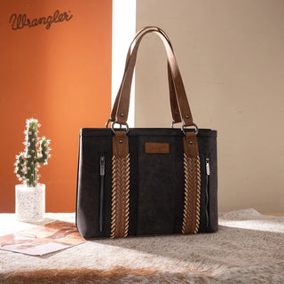 Black Wrangler tote bag with brown braided whipstitch accents, two front zippers, and brown shoulder straps.