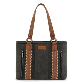 Wrangler Whipstitch Tote Bag in dark gray with brown braided accents, brown handles, and a Wrangler logo patch.