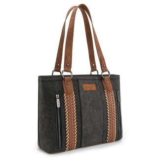 Wrangler Whipstitch Tote Bag in dark gray with brown braided accents, brown handles, and a Wrangler logo.