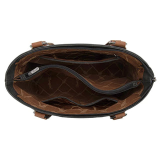 Overhead view of the Wrangler Whipstitch Tote Bag's open interior, showing multiple compartments and pockets.