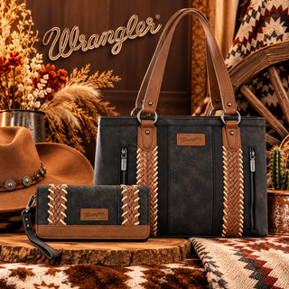 Wrangler Whipstitch Tote Bag & Wallet Set in black with brown whipstitch accents on a rustic wood slice.