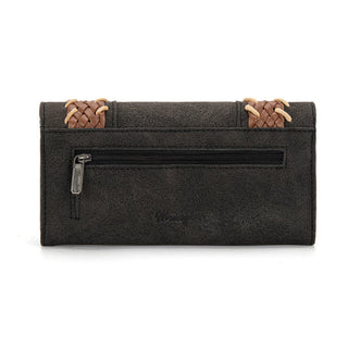 Back of a dark gray Wrangler wallet with a zippered pocket and brown whipstitch accents on the top corners.