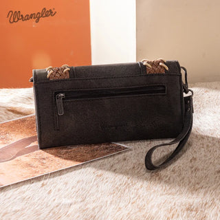 Close-up of the Wrangler Whipstitch Wallet in dark gray with a braided brown and tan accent and wristlet strap.