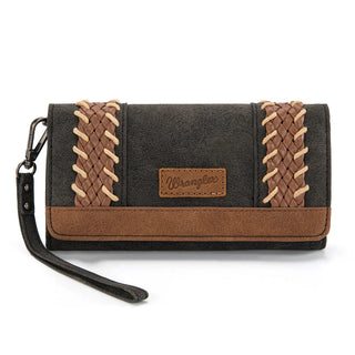 Wrangler Whipstitch Crossbody Bag & Wallet Set in black and brown with braided and whipstitch details.