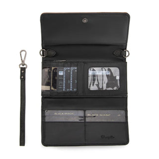 Open black Wrangler wallet with card slots, ID window, and wristlet strap on white background.