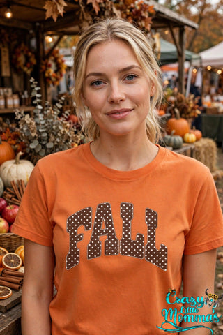Brown Fall Polka Dots graphic tee on a sunset orange shirt