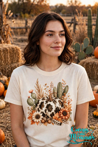 Cow Pumpkin graphic tee on a natural shirt